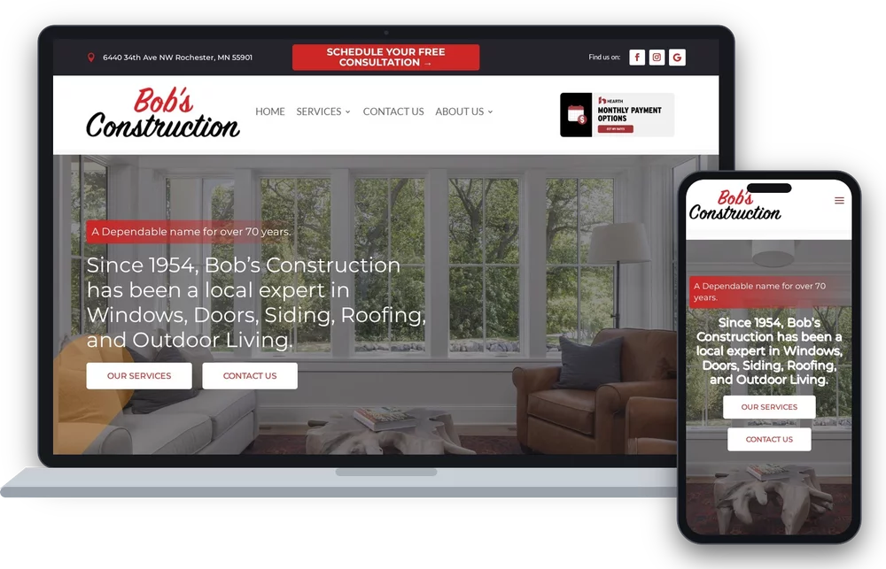 Bob's Construction website Bob's Construction website shown on a laptop and phone, designed by Broadwerx